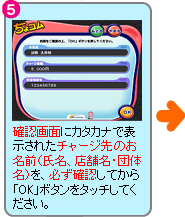 �T�D�m�F��ʂɃJ�^�J�i�ŕ\�L���ꂽ�`���[�W��̂����O�i�����A�X�ܖ��E�c�̖��j���A�K���m�F���Ă���uOK�v�{�^�����^�b�`���Ă��������B